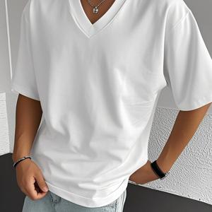 TEMU 1개 남성용 여름 V넥 티셔츠 - 가벼운 통기성 반팔 캐주얼 상의, 솔리드 컬러 블랙 레귤러 핏, 여름 티셔츠, 다재다능한 의류, 부드러운 소재