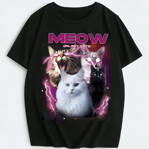 TEMU 1개 은하수 번개 고양이 조합 패턴 여성용 티셔츠, MEOW 테마의 미래지향적 디자인, 로맨틱하고 우아한, 다재다능한 패션, 편안한 연회색 친화적, 사계절 내내 적합, 완벽한 휴일 선물, 생일 선물