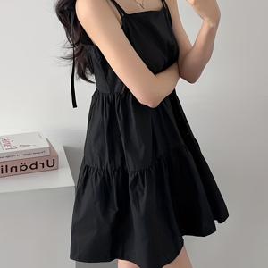 TEMU 한국식 시크한 어깨 오프 미디 드레스 - 블랙 리플링 하hem, 여성용 슬리브리스 캐주얼 A라인 드레스, 휴가 또는 일상 스타일에 완벽, 캐주얼 의상 | 리플링 하hem 드레스 | 폴리에스터 원단|여성원피스|나시원피스|인견원피스
