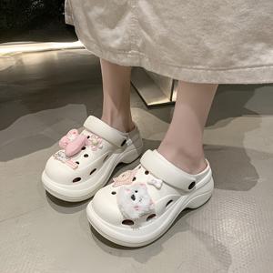 TEMU 2025년 신제품 여성용 귀여운 만화 - 심장과 토끼 액센트가 있는 두꺼운 플랫폼 신발, EVA 소재, 홈, 해변, 쇼핑용 라운드 토 디자인 - 6개 크기 제공, 해변 신발 | 재미있는 디자인 | EVA 신발|테무쇼핑