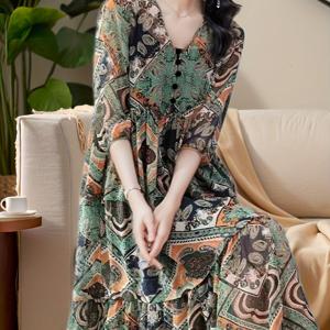 TEMU 3/4 소매와 버튼 디테일이 있는 우아한 V넥 미디 드레스 - 봄/여름/가을에 완벽한 꽃무늬 드레스, 여성 패션, 캐주얼 우아함 | 꽃무늬 드레스 | V넥 드레스, 꽃무늬 드레스|여름원피스|가을원피스