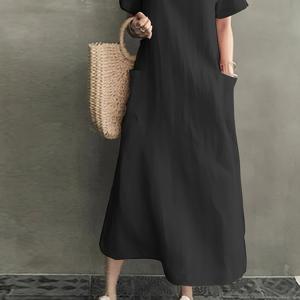 TEMU 여성용 캐주얼 V넥 반팔 드레스, 대형 포켓 포함 - 여유로운 핏, 단색 블랙, 가벼우며 통기성이 좋음, 봄/여름/가을용, 캐주얼 여름 드레스 | 여유로운 핏 드레스 | 가벼운 소재|여름원피스|여성원피스|드레스