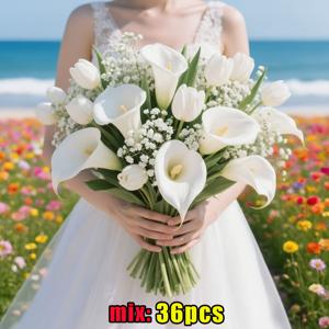 TEMU 1묶음 36개입 아기숨결, 화이트 튤립, 칼라 리리 인조 꽃다발 - 홈 데코 부케 세트, 웨딩 핸드헬드 플라워, 어버이날 & 봄 장식용, 실내/야외 사용 가능, 거실·사무실· 선물 - 플라스틱 소재 (화병 미포함)