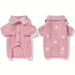 TEMU 1개 소프트 니트 애완동물 스웨터, 꽃무늬 단추 클로저 - 사계절용 코지 가디건, 핑크 & 화이트 트림 디자인, 내구성 있고 편안한 반려견 의류, 세부 스티칭, 통기성 원단, 고양이 옷, 고양이 애호가를 위한