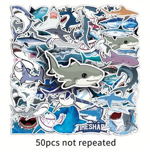 TEMU 50개 혼합 색상 재사용 가능한 PVC 만화 스티커, 불규칙한 모양, 자체 접착, 재미있는 상어 디자인, 포장 장식, 핸드백, 물병, 휴대폰, 노트북, 스케이트보드, 가방