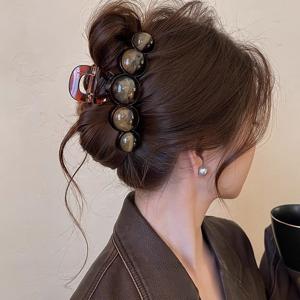 TEMU 1pc 대형 레트로 비즈 상어 클립 헤어 액세서리 - 갈색 및 금색 액센트, 내구성 있는 플라스틱, 여성용 세련된 업도, 해변 또는 캐주얼 의상, 세련된 업도 액세서리 | 우아한 업도 | 플라스틱 헤어 클라