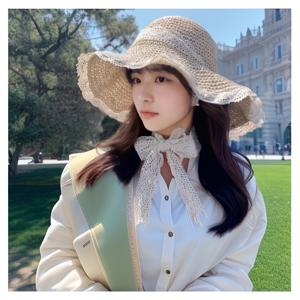 TEMU 여성용 레이스 엣지 컷아웃 & 조절 가능한 끈이 있는 프렌치 스트로우 햇 - 와이드 브림 비치, 해변, 경마 행사용 여름 휴가 패션 액세서리 선물, 우아한 디자인, 통기성 소재, 야외 활동 애호가를 위한 해변 의상, 해변 방문자용