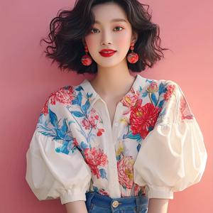 TEMU 여성용 프렌치 플로럴 블라우스 - 페터 팬 칼라 & 버블 슬리브가 있는 우아한 꽃무늬 셔츠, 레드/블루/화이트/그린/베이지 루즈핏 블라우스, 캐주얼 및 정장용 버튼 프론트 블라우스 - 여름 여성 의류, 다용도 탑, 여성적 디자인, 가벼운 원단, 스타일리시 탑, 패션 애호가를 위한|반팔블라우스