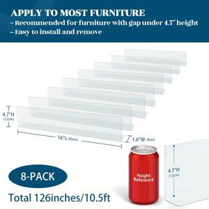TEMU 8개입 침대 밑 장난감, 4.7인치 높이와 16인치 길이, 강력 접착식 안전 소파 간격 차단용 PVC 방지 블록, 조절 가능한 투명 가드