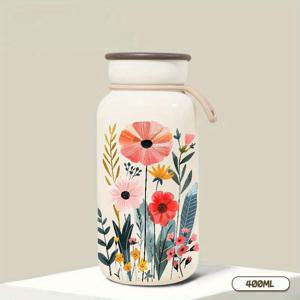 TEMU 400ml/13.5oz 플로럴 여행 머그 - 이중벽 진공 단열 텀블러, 누수 방지 뚜껑 & 끈 포함, 우아한 꽃무늬 컵 (핑크/오렌지/그린/틸) - 뜨거운 음료/차가운 음료 오래 유지, 사무실/헬스장/학교용, 선물 추천 - 내구성 있는 304 스테인리스 스틸 제작, 커피 여행 머그, 스타일리시 드링크웨어, 이중단열