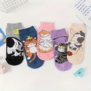 TEMU 여성용 신규 고양이 발목 양말 5 켤레 팩 - 귀여운 고양이 만화 동물 디자인, 폴리에스테르 니트 원단, 미끄럼 방지 밑단이 있는 편안한 스트레치, 기계 세탁 가능 - 캐주얼 웨어에 완벽