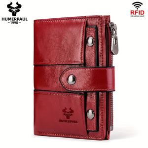 TEMU 허머폴 여성용 컴팩트 지갑 - 진짜 상피 가죽, RFID 차단 기능, 도난 방지 지퍼 포켓, 탈부착 가능한 ID 창 & 카드 홀더 포함 - 우아한 레드 컬러 일상/출근/여행용 안전 잠금 및 스크래치 방지
