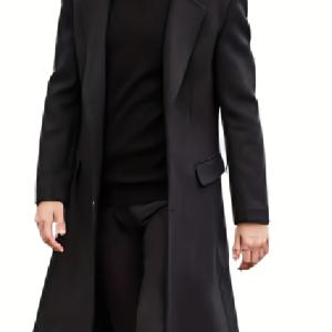 TEMU 가을 겨울용 오버사이즈 남성 솔리드 컬러 플리스 안감 롱 코트, 패셔너블 아우터웨어, 대형 사이즈