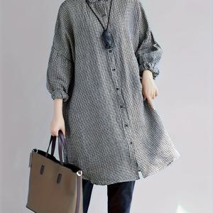 TEMU 1pc 여성 패션 체크 تونيك 셔츠 - 100% 폴리에스터 긴 소매 상의, 라펠 칼라 및 버튼 디테일, 편안한 비스트레치 직물, 모든 계절에 사용할 수 있는 다용도 셔츠