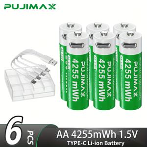 TEMU PUJIMAX AA 4255mWh 1.5V 리튬 이온 배터리 TYPE-C 스마트 빠른 충전 내구성 있는 재사용 가능한 USB 충전식 센서 무선 초인종 원격 제어 카메라 레코더 마이크 자동차 냉장고 타이어 압력 감지기 비상 조명 마사지 전자 계수기 가족 작업 등에 적합