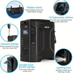 TEMU 10000mAh 휴대용 허리 팬 1-5 속도 및 손전등 - USB 충전식, 디지털 디스플레이, 사무실, 여행, 캠핑, RV용 에르고닉 디자인 - 추수감사절, 할로윈, 크리스마스, 휴대용 팬, 캠핑 필수품, 세련된 액세서리, 내구성 있는 구조|휴대용에어컨|캠핑선풍기|에어컨선풍기