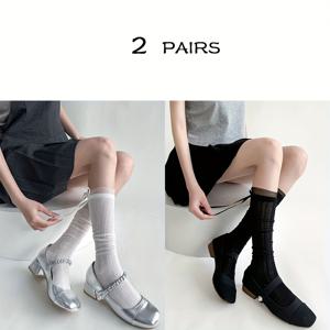TEMU 1/2쌍 봄-여름 얇은 무늬 로마스 그리드 수직 줄무늬 굽 리본 종아리 양말 여성용 한국 스타일 단색 발레 칼리지 스타일 일본 순수 열망 청춘 롱 스타킹