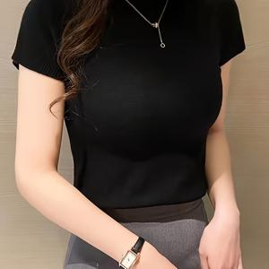 TEMU 여성의 우아한 하이넥 반팔 상의 - 신축성 있는 슬림핏 단색 블라우스 봄/여름용, 다용도 캐주얼 및 정장용, 반팔 블라우스, 봄 패션, 고탄성성 원단