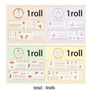 TEMU 딸기 스위트하트 시리즈 4개 세트 - 귀여운 캐릭터 & 파스텔 컬러, 내구성 있는 폴리테레프탈레이트, 스크랩북킹, 저널링, 공예용, 장식 테이프, 창의적인 디자인, 쉬운 접착 표면