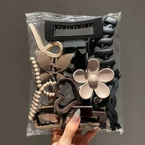 TEMU 11pcs 여성용 매트 헤어 클립 세트 - 다양한 베이지 및 블랙 샤크 클립, 나비 클립, 하트 및 꽃 클립 스타일링, 안전한 유지, 내구성 있는 플라스틱, 해변, 파티, 결혼식, 해변 액세서리, 파티 헤어 액세서리, 우아한 헤어 액세서리, 안전한 헤어 홀더