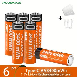 TEMU 2/4/6팩 PUJIMAX AA3400mWh 고용량 AA 배터리, 알람시계 및 리모컨용 장시간 사용 가능 - Type-C 충전기 & USB-C 케이블 호환 (예: 2팩 AA3400mWh=3.400mAhx1S) - 가정, 사무실, 여행용 충전식 전원, 명확한 라벨링, 내구성 설계, 컴팩트 디자인, USBC 호환, 홈전자 제품에 이상적|보조배터리