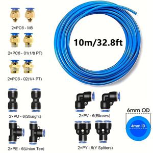 TEMU 1세트 공압 튜브 키트 - 10m (32.8ft) 폴리우레탄 에어 호스, 범용 퀵 릴리즈 어댑터, 금속 및 PVC 커넥터, 접이식 디자인, 누출 방지, 조립 불필요