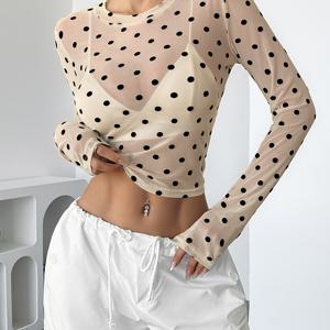 TEMU 여성용 투명 폴카 도트 크롭 탑 - 긴 소매, 스트레치 메쉬 블라우스, 라운드 넥, 블랙 & 화이트 도트 패턴, 캐주얼 또는 시크한 의상에 적합한 형태가 있는 디자인, 시크한 의상 블라우스 | 라운드 넥 탑 | 메쉬 원단