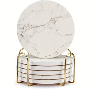 TEMU 6pcs 물 흡수 및 미끄럼 방지 세라믹 코크 코스터 - 화이트 대리석 줄무늬 세라믹 코스터 세트, 금색 브래킷 포함 - 휴일 파티, 가정, 레스토랑 및 바를 장식하기 위한 물 흡수 음료 및 커피 코스터에 적합, Faridabio