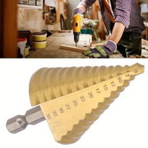 TEMU 13단계 티타늄 코팅 HSS 스텝 드릴 비트, 목재 및 금속용 5~35mm 육각 섕크 - 황금 코팅이 있는 고속 강철, 정밀한 크기 표시, DIY 프로젝트 및 전문가용으로 적합, 작업장 장비 | 계단식 드릴 디자인 | 내구성 있는 구조