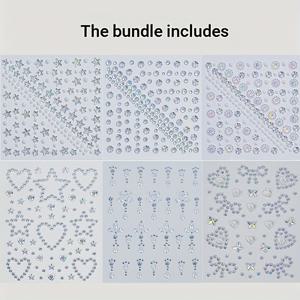 TEMU 6pcs/세트 Y2K 실버 화이트 3D 페이크 라인스톤 스티커 - 스타/문/아르젠팅 티어 글리터 합성 보석 DIY 페스티벌 파티 메이크업, 헤어, 아이, 얼굴용