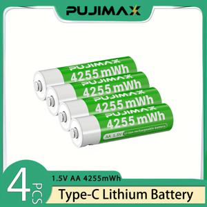 TEMU PUJIMAX AA 1.5V 리튬이온 배터리 팩 2/4/6개 세트 - 고용량 4255mAh, 1500회 이상 충전 가능, Type-C 충전 케이블 및 케이스 포함, 리모컨, 드론, 전자 저울에 적합한 실용적인 파워 소스|드론