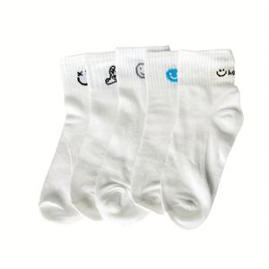 TEMU 5쌍 여성용 미드캐프 운동 양말 - 다양한 색상과 재미있는 얼굴 & 크로스 디자인, 통기성 폴리에스터, 사계절 편안함, 스포츠 및 캐주얼 아웃도어 활동용, 귀여운 패턴, 부드러운 소재, 양말 애호가를 위한 액세서리
