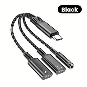 TEMU 3in1 타입C to 듀얼 타입C/3.5mm 잭 오디오 어댑터 케이블, 아이폰 15/16 삼성 제품용 고속 충전 USB C 헤드폰 어댑터, USB C to 오디오 어댑터
