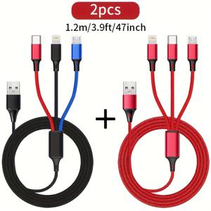 TEMU 2개입 3-in-1 고속 충전 나일론 브레이디드 USB 케이블 아이폰 14 프로 맥스 Xs 맥스 레드미 원플러스 샤오미 S20A13 S10 노트 20 9 모토 타입-C 휴대폰용 충전기 케이블