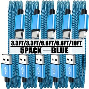 TEMU 5개입 Type-C 케이블, 고속 충전 USB-C 케이블 (3.3ft/3.3ft/6.6ft/6.6ft/10ft), 다양한 색상 제공, iPhone 16/15 Pro Max, 삼성 S24/S23 Ultra/S23/S23+/S22/S22 Ultra/S21 호환 가능|C타입충전기