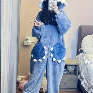 TEMU 가을과 겨울을 위한 만화 상어 퍼지 후드 잠옷 점프수트, 할로윈과 크리스마스를 위한 귀여운 긴팔 지퍼 점프수트, 여성용 잠옷 및 라운지웨어