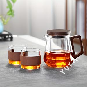 TEMU 난방 목재 손잡이, 차 물 분리 필터가 있는 찻주전자와 컵 세트, 유리 찻주전자, 꽃 차 주전자, 고보로실리케이트 내열 유리 주전자, 두꺼운 가정용 차 세트