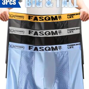 TEMU 3개입 플러스 사이즈 남성용 아이시 참 쿨 소프트 컴피 박서 브리프 남성 속옷, 메쉬 패치 통기성 편안한 스트레치 트렁크, 남성용 캐주얼 단색 속옷 그린 스카이 블루 블랙 딥 그레이 대조 색상 레터 프린트 허리 밴드, 플러스 사이즈