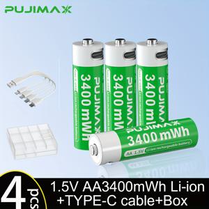 TEMU 4pcs Pujimax 3400mWh 1.5V AA Li-ion 배터리, Type-C 충전 케이블 및 저장 상자 포함 - 장기 사용 가능, 장치에 충전 가능, 휴대용 전원源 | 녹색 배터리 디자인 | 내구성 있는 배터리