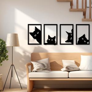 TEMU 4pcs 귀여운 고양이 세트 금속 벽 장식, 현대적인 스타일 동물 실루엣 매달린 아트, 창의적인 검은 철 조각 벽 장식 실내 및 실외 집 장식, 거실, 침실, 공부실, 사무실, 카페에 적합, 완벽한 집들이 선물