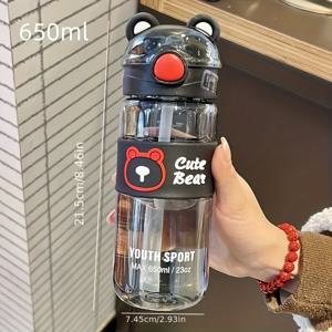 TEMU 550ml/650ml 귀여운 곰 카툰 휴대용 빨대 물병 - 누수 방지, 한 터치 팝업 뚜껑, 휴대용 핸들, 여름 음료, 야외 스포츠, 여행 및 선물에 적합, 야외 수분 보충 | 재미있는 디자인 | 누수 방지 뚜껑, 물병