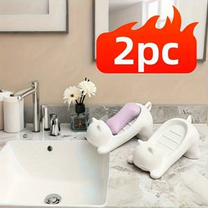 TEMU 2pcs 고양이 모양의 비누 접시 - 욕실/싱크용 이중층 배수 트레이 - 미끄럼 방지 및 구멍 뚫지 않는 디자인 (방수 ABS 플라스틱), 현대적인 집을 위한 내구성 있는 타원형, 욕실 비누 접시, 재미있는 디자인, 쉽게 청소 가능한 소재