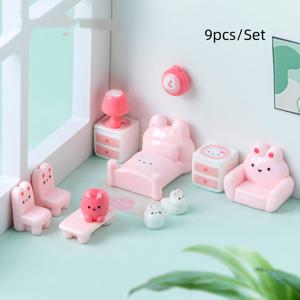 TEMU 9개/세트 - 귀여운 핑크색 토끼 가구, 인형집 장식품, 수제 소품, 미니어처 액세서리, 미니 장식