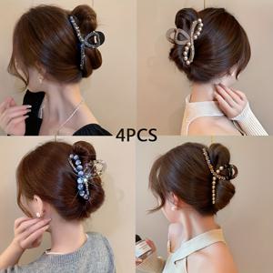 TEMU 4pcs 우아한 여성용 헤어 클립 - 대형 상어 헤어 클립, 모조 진주 및 라인스톤, 업도용 안전한 유지, 데이 선물, 헤어 액세서리, 업도 액세서리, 고급스러운 마감, 내구성 있는 헤어핀|머리핀