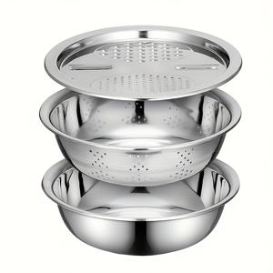 TEMU 3pcs 스테인리스 스틸 주방 세트, 통합 그라인더, 다기능 스트레이너 및 혼합용기 - 과일, 야채, 치즈 청소 및 슬라이싱에 이상적 | 배수 시스템으로 식품 안전, 가정 요리, 주방 그라인더, 야채 슬라이서 | 스테인리스 스틸 세트 | 내구성 있는 주방 용품