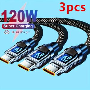 TEMU 3개입 120W 초고속 충전 USB A에서 Type-C 케이블, LED 디지털 디스플레이, 매트 마감, 데이터 동기화, USB 전원 공급, 6A 고전류, 샤오미, POCO, 삼성 호환