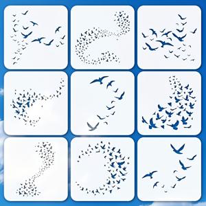 TEMU 9개 재사용 가능한 6.0x6.0인치 새 실루엣 스텐실 - 독특한 날아다니는 새 디자인 9종, DIY 공예, 스크랩북, 패브릭 & 우드 벽 장식, 홈 데코, 카드 만들기, 저널 드로잉 템플릿, 자연을 사랑하는 사람들을 위한 선물, 내구성 있는 제작 도구