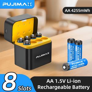 TEMU PUJIMAX 8개 AA 리튬 배터리 충전기 세트, 4255mWh 대용량 리튬 배터리, 1.5V 정압 USB-C 고속 충전, 내구성 강화 및 장시간 사용 가능, 2-in-1 기능 충전 및 보관, 최대 2000회 재충전 가능, 리모컨, LED 손전등, 스마트 도어락, 마우스, 전동 칫솔, 연소경 등에 적합|시계|후레쉬