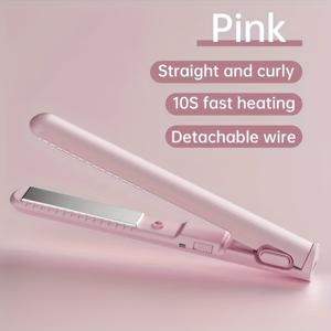 TEMU 1팩 핑크 휴대용 헤어 스트레이트너 & 컬링 아이언 - 10초 빠른 가열, 분리 가능한 와이어, USB 전원(36V) 젖은/건조한 머리카락용, 여행에 적합한 인체공학적 디자인, 슬림한 스타일링 도구, 곱슬머리용 스트레이트너