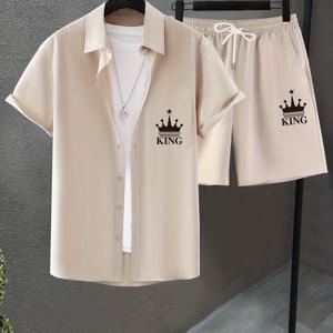TEMU 남성용 캐주얼 반팔 칼라 반바지 프린트 패션 슈트